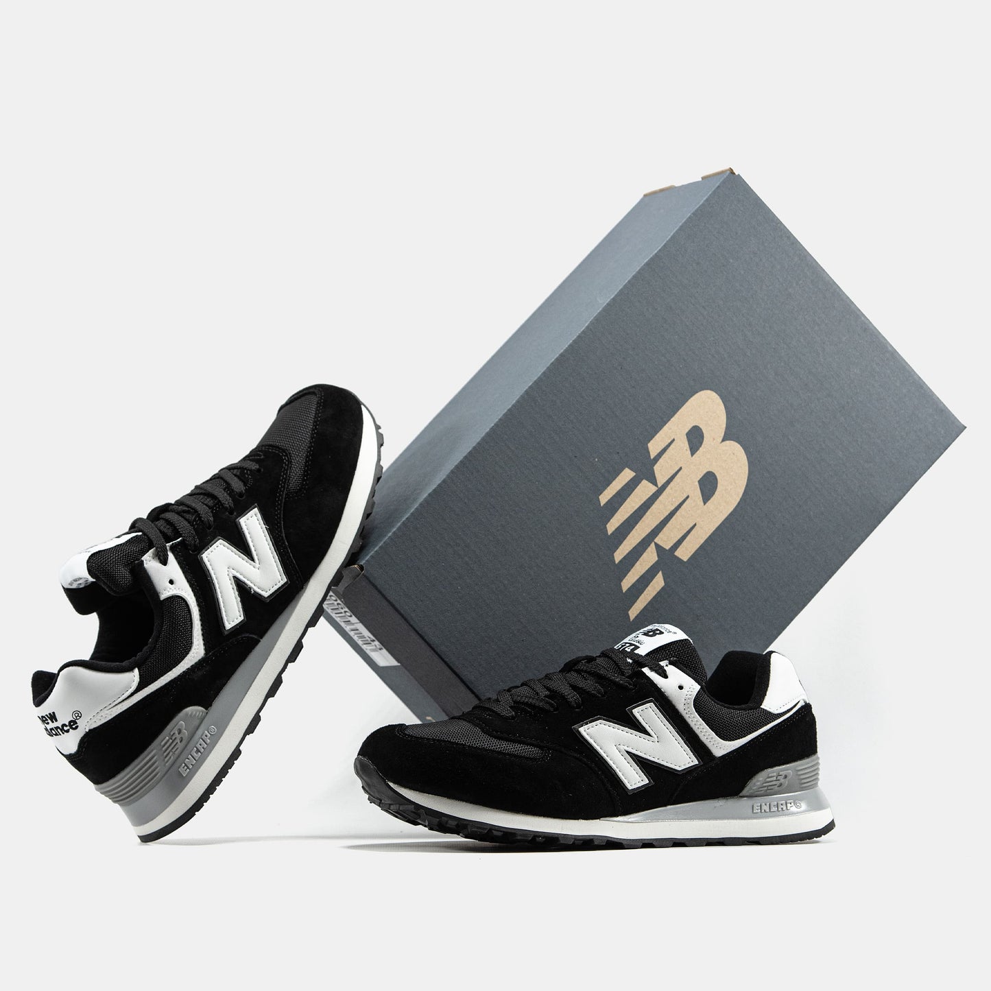 New Balance 574 Black White Logo