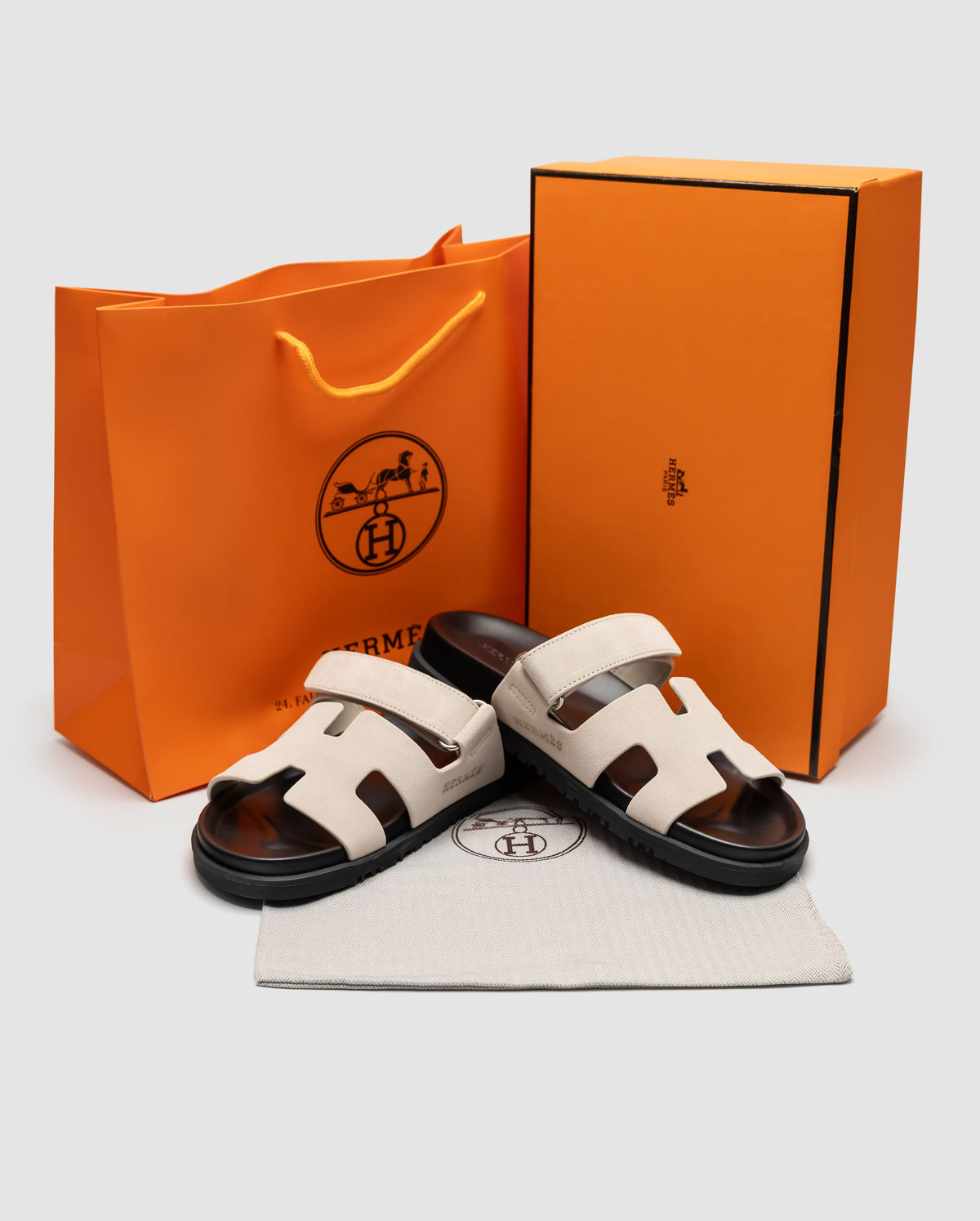 Hermes Chypre Sandals Suede Light Beige Black