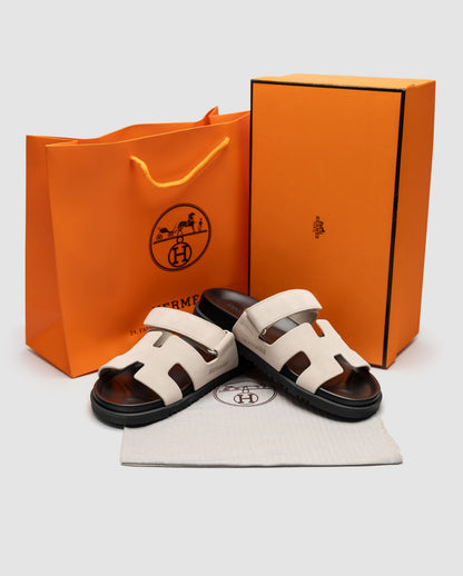 Hermes Chypre Sandals Suede Light Beige Black