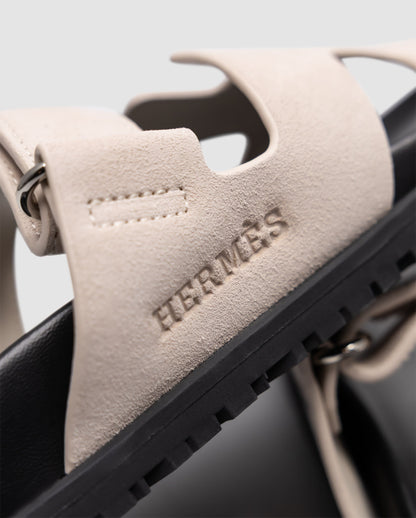 Hermes Chypre Sandals Suede Light Beige Black