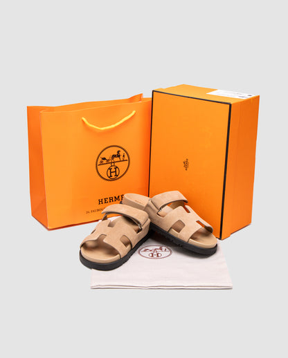 Hermes Chypre Sandals Beige Suede